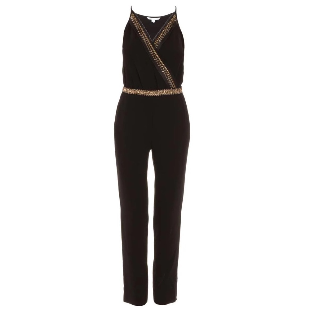 DVF Diane Von Furstenberg Silk Caroline Jewel Embellished Black Jumpsuit Size 12